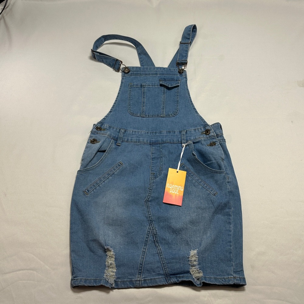 Roaming Soul Denim Overall‎ Dress Light Blue Distressed Mini Pinafore Jumper NWT